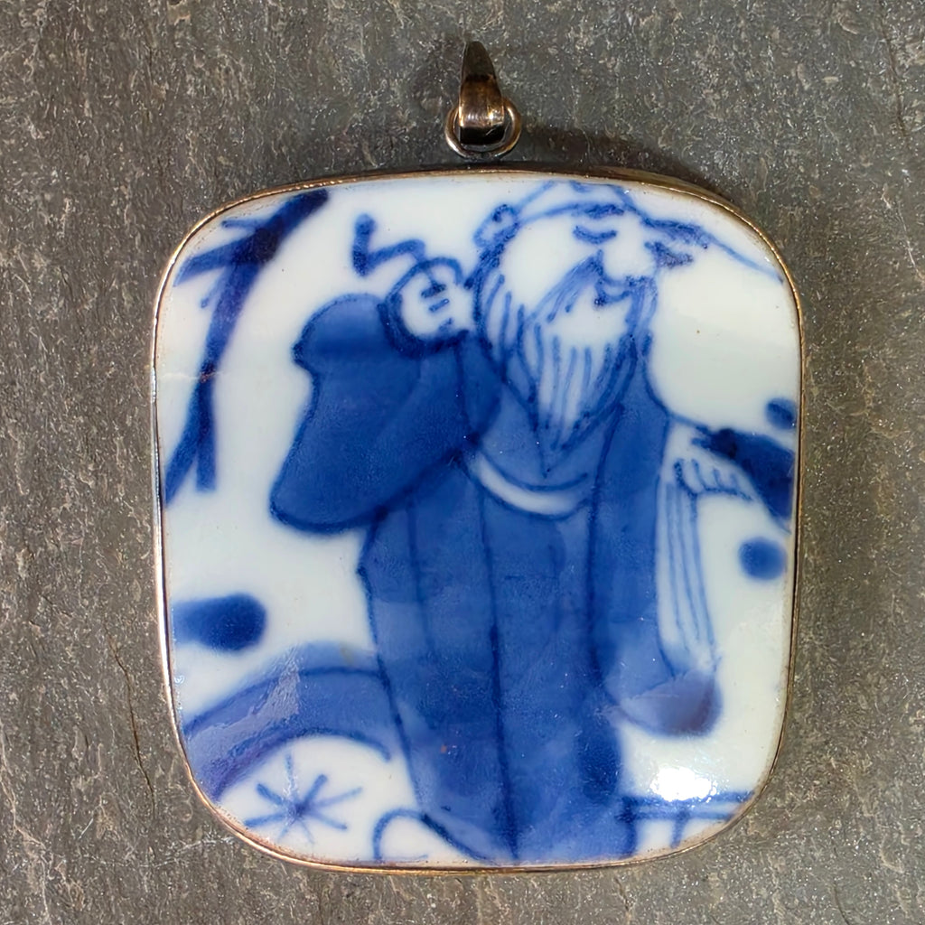 Vintage Sterling Silver Blue White Porcelain Shard Pendant Asian Immortal S925