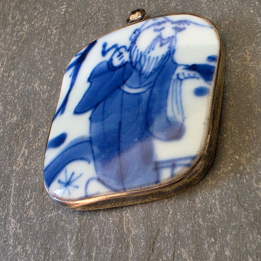 Vintage Sterling Silver Blue White Porcelain Shard Pendant Asian Immortal S925