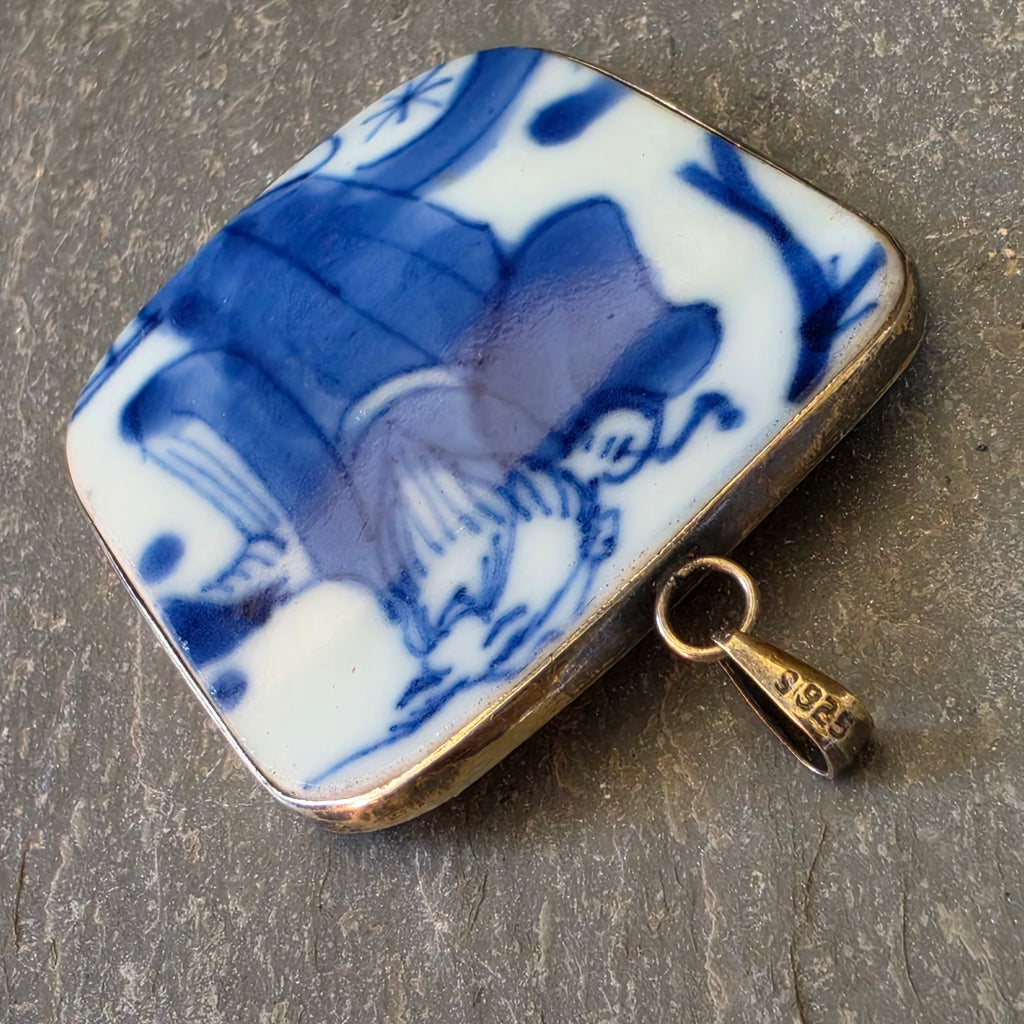 Vintage Sterling Silver Blue White Porcelain Shard Pendant Asian Immortal S925
