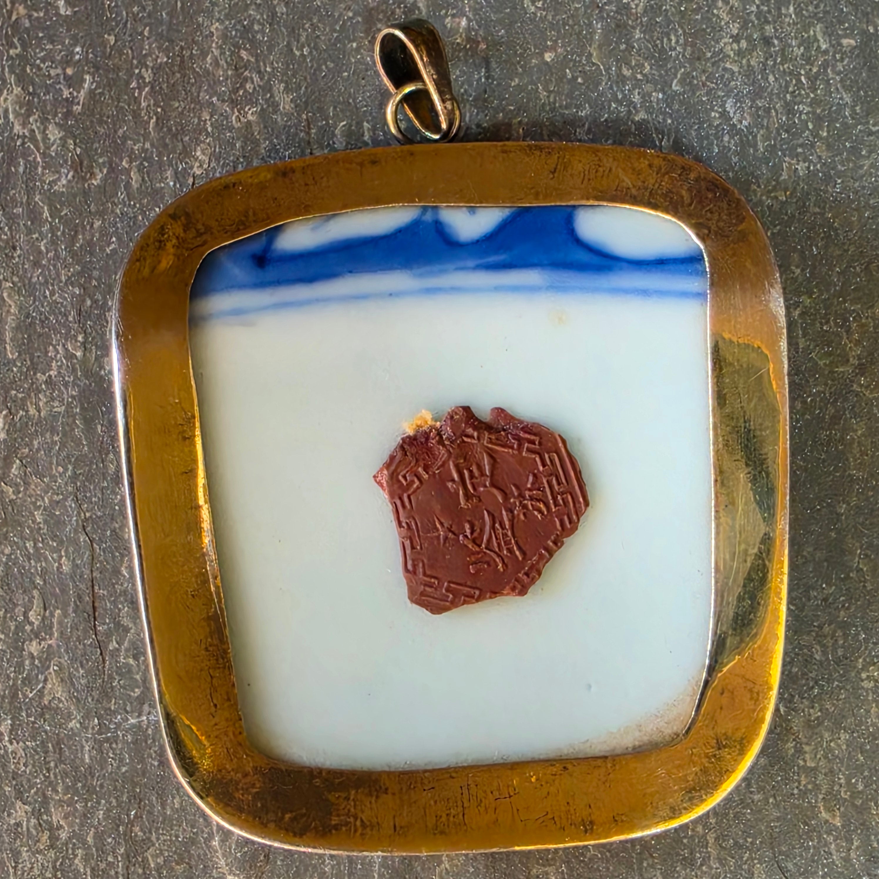 Vintage Sterling Silver Blue White Porcelain Shard Pendant Asian Immortal S925