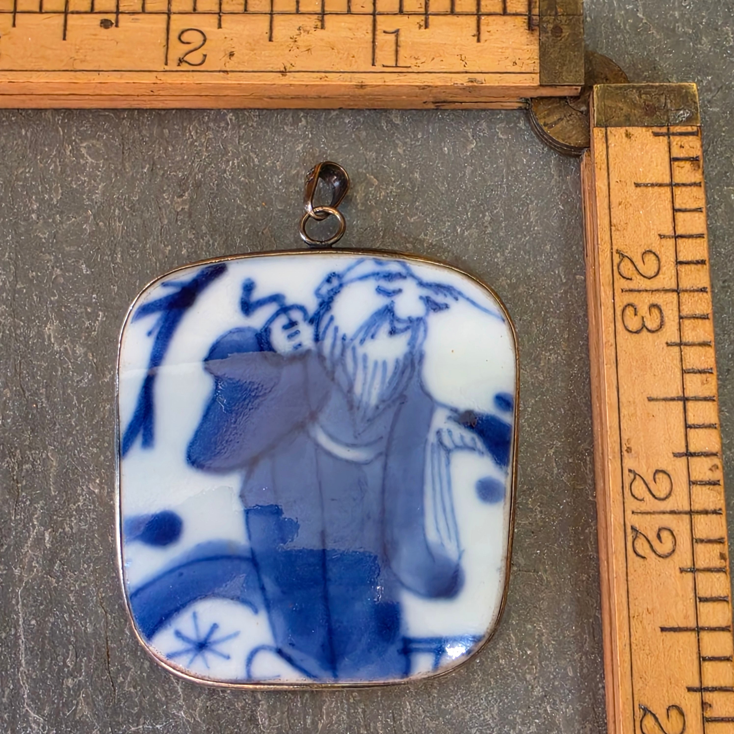 Vintage Sterling Silver Blue White Porcelain Shard Pendant Asian Immortal S925