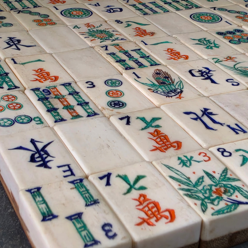 Antique 1920s Bone Bamboo Mahjong Tiles Set 147 Hand Carved Chinese Game Pieces