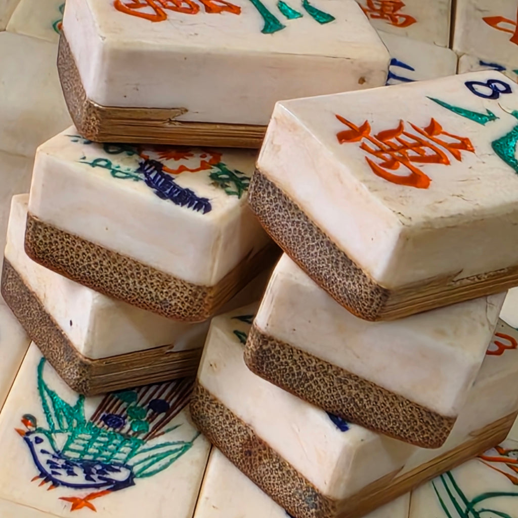 Antique 1920s Bone Bamboo Mahjong Tiles Set 147 Hand Carved Chinese Game Pieces