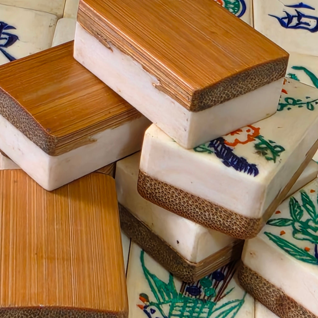 Antique 1920s Bone Bamboo Mahjong Tiles Set 147 Hand Carved Chinese Game Pieces
