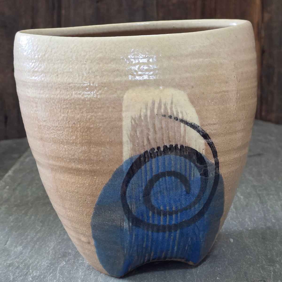 Vintage Studio Art Pottery Vase Signed Mid Century Spiral Stoneware Cobalt Blue