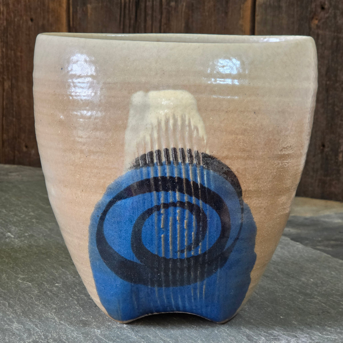 Vintage Studio Art Pottery Vase Signed Mid Century Spiral Stoneware Cobalt Blue