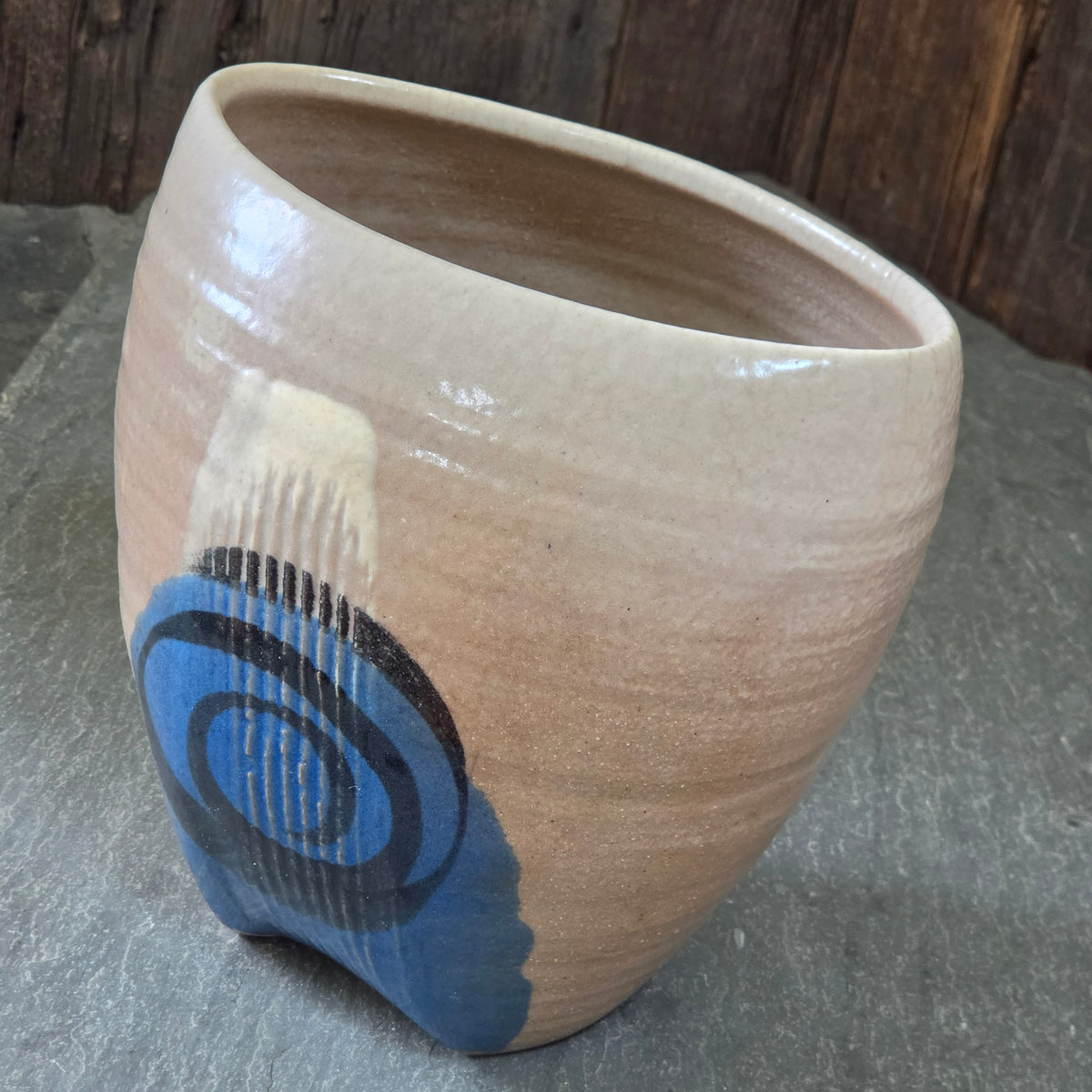 Vintage Studio Art Pottery Vase Signed Mid Century Spiral Stoneware Cobalt Blue