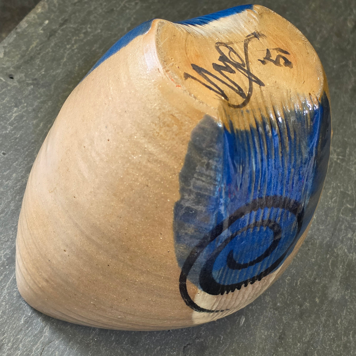 Vintage Studio Art Pottery Vase Signed Mid Century Spiral Stoneware Cobalt Blue