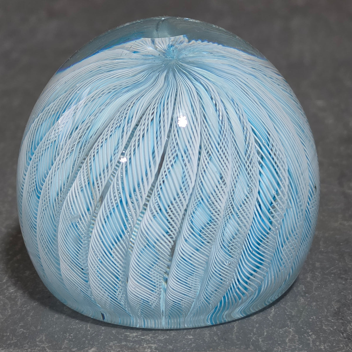 Vintage Murano Style Latticino Filigrana Art Glass Paperweight Blue White Swirl