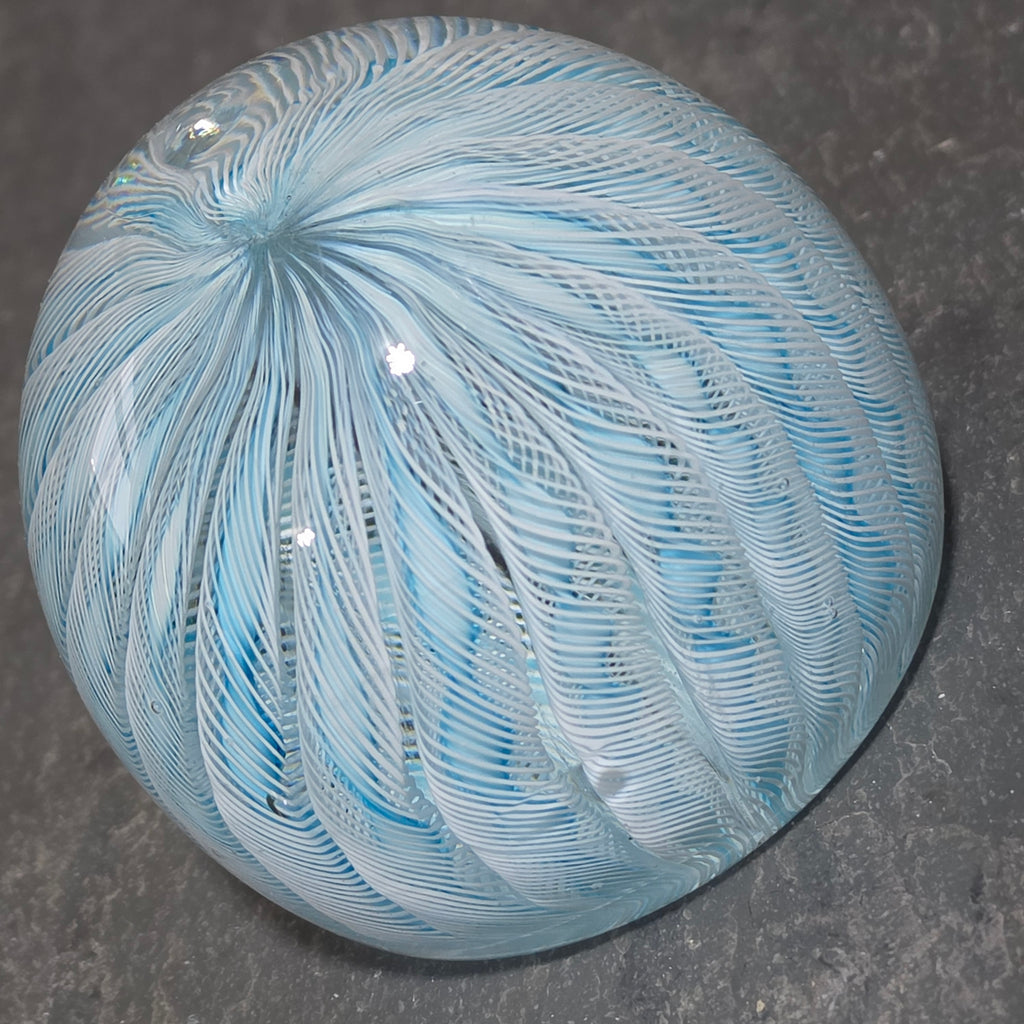 Vintage Murano Style Latticino Filigrana Art Glass Paperweight Blue White Swirl