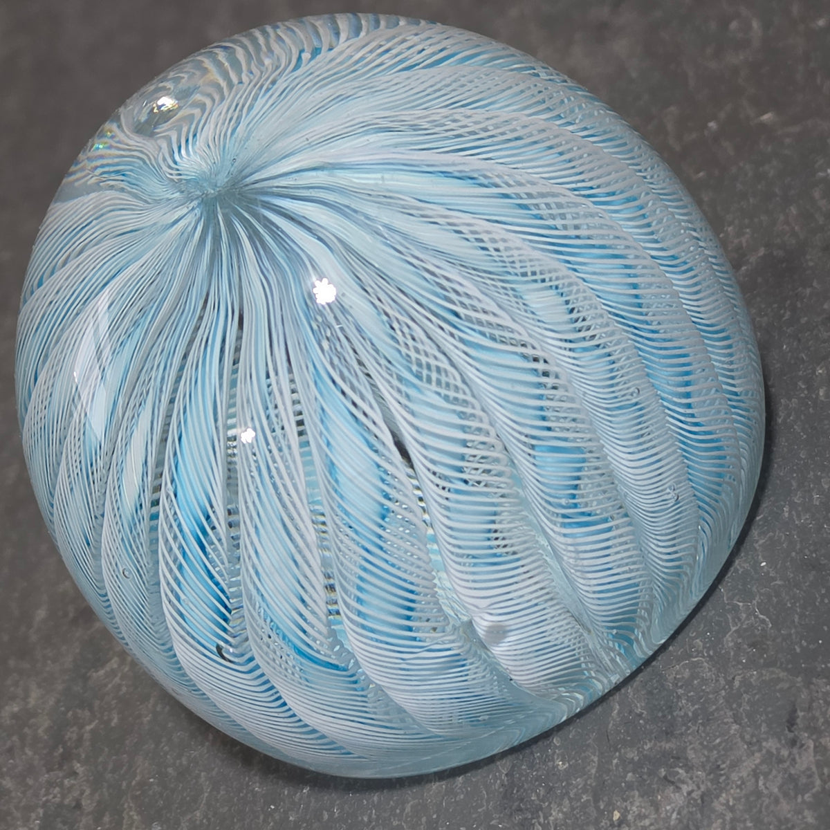 Vintage Murano Style Latticino Filigrana Art Glass Paperweight Blue White Swirl