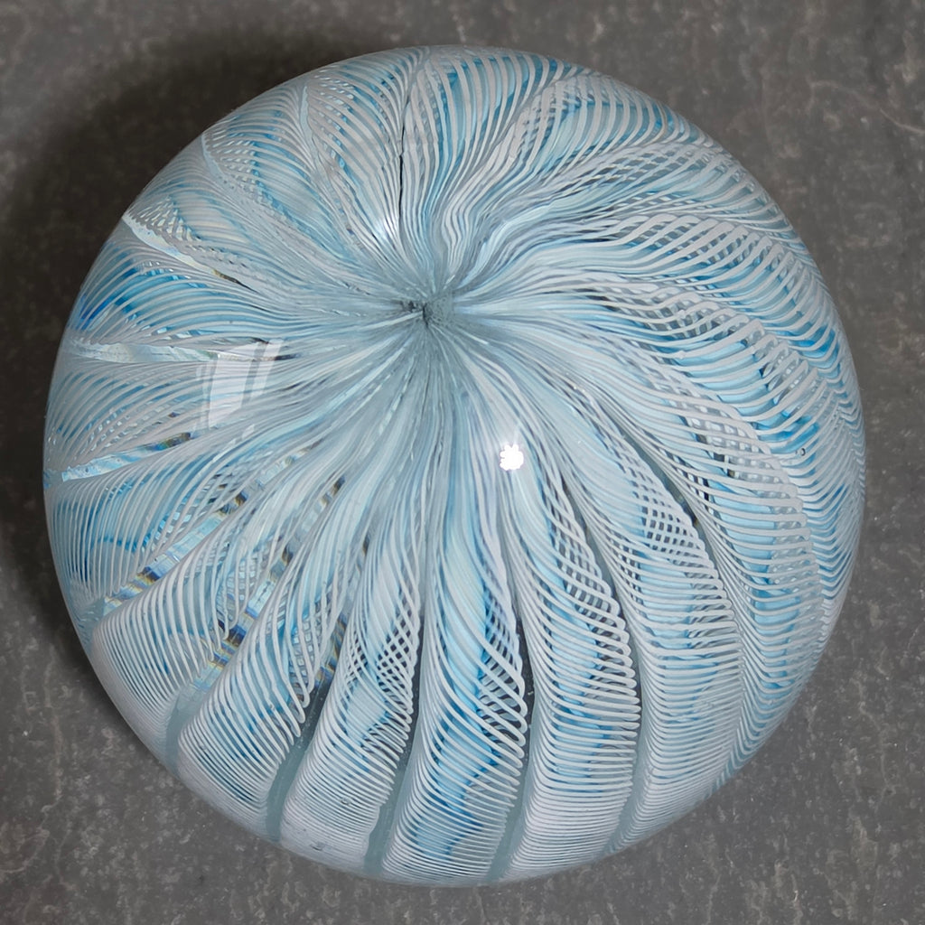 Vintage Murano Style Latticino Filigrana Art Glass Paperweight Blue White Swirl