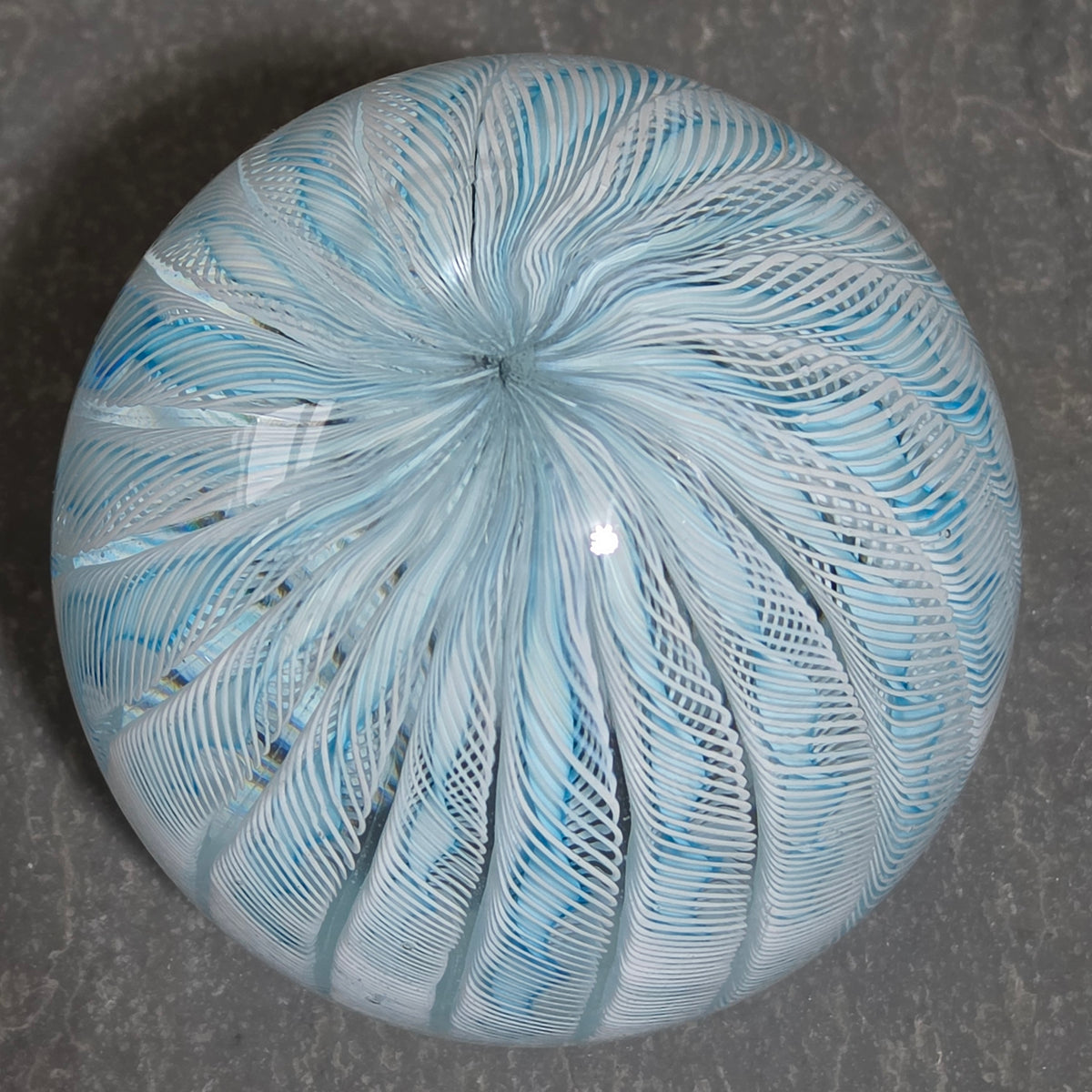 Vintage Murano Style Latticino Filigrana Art Glass Paperweight Blue White Swirl