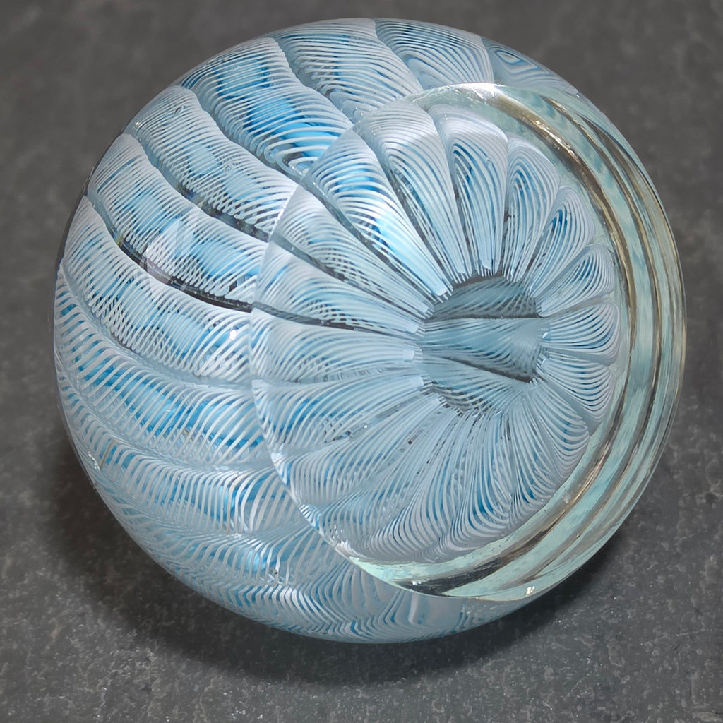 Vintage Murano Style Latticino Filigrana Art Glass Paperweight Blue White Swirl