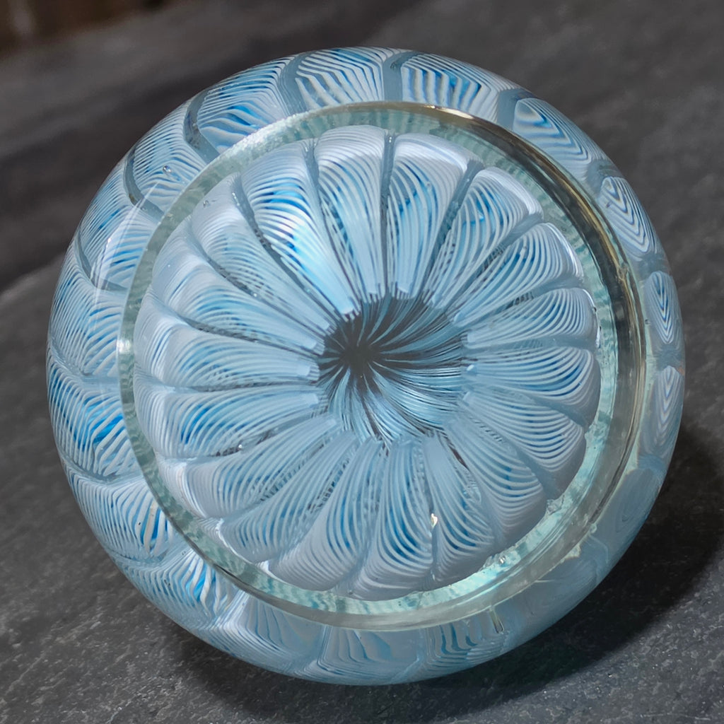 Vintage Murano Style Latticino Filigrana Art Glass Paperweight Blue White Swirl