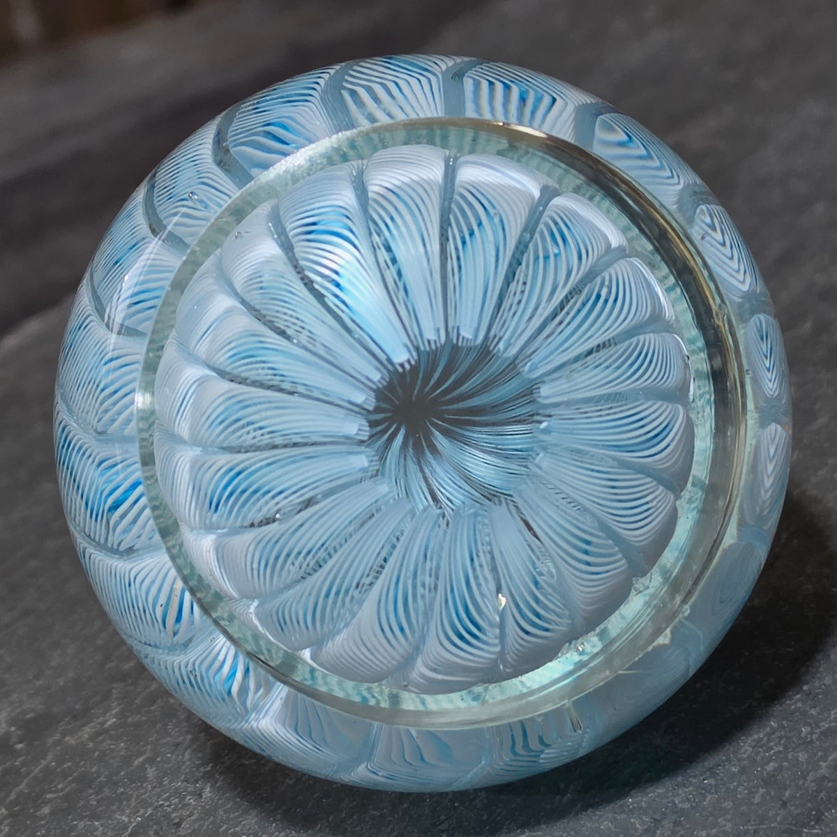 Vintage Murano Style Latticino Filigrana Art Glass Paperweight Blue White Swirl