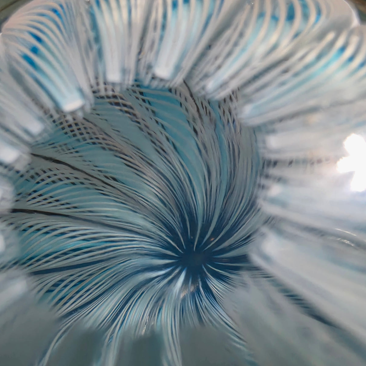 Vintage Murano Style Latticino Filigrana Art Glass Paperweight Blue White Swirl