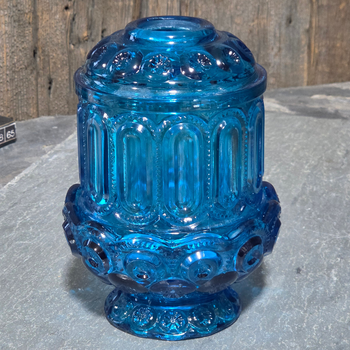 Vintage LE Smith Moon and Stars Blue Glass Fairy Lamp Candle Votive 2 Piece MCM