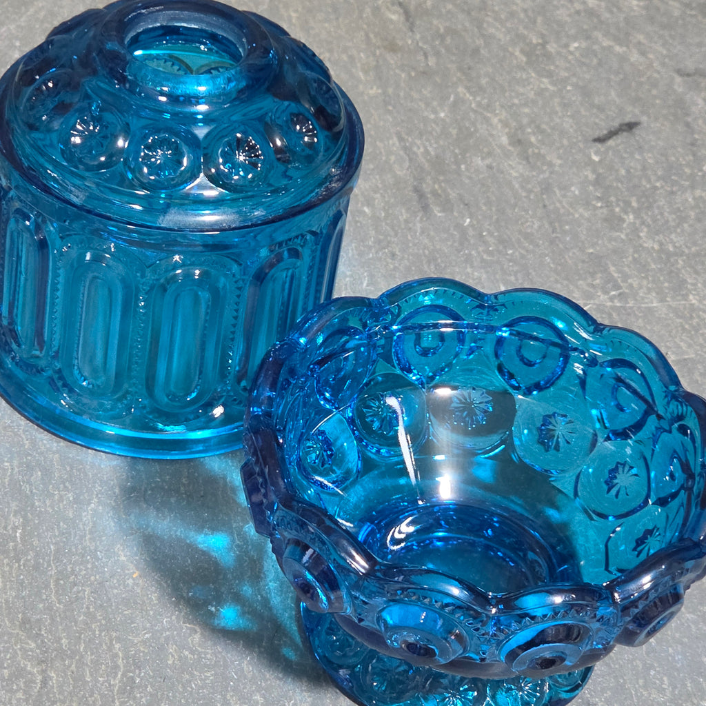 Vintage LE Smith Moon and Stars Blue Glass Fairy Lamp Candle Votive 2 Piece MCM