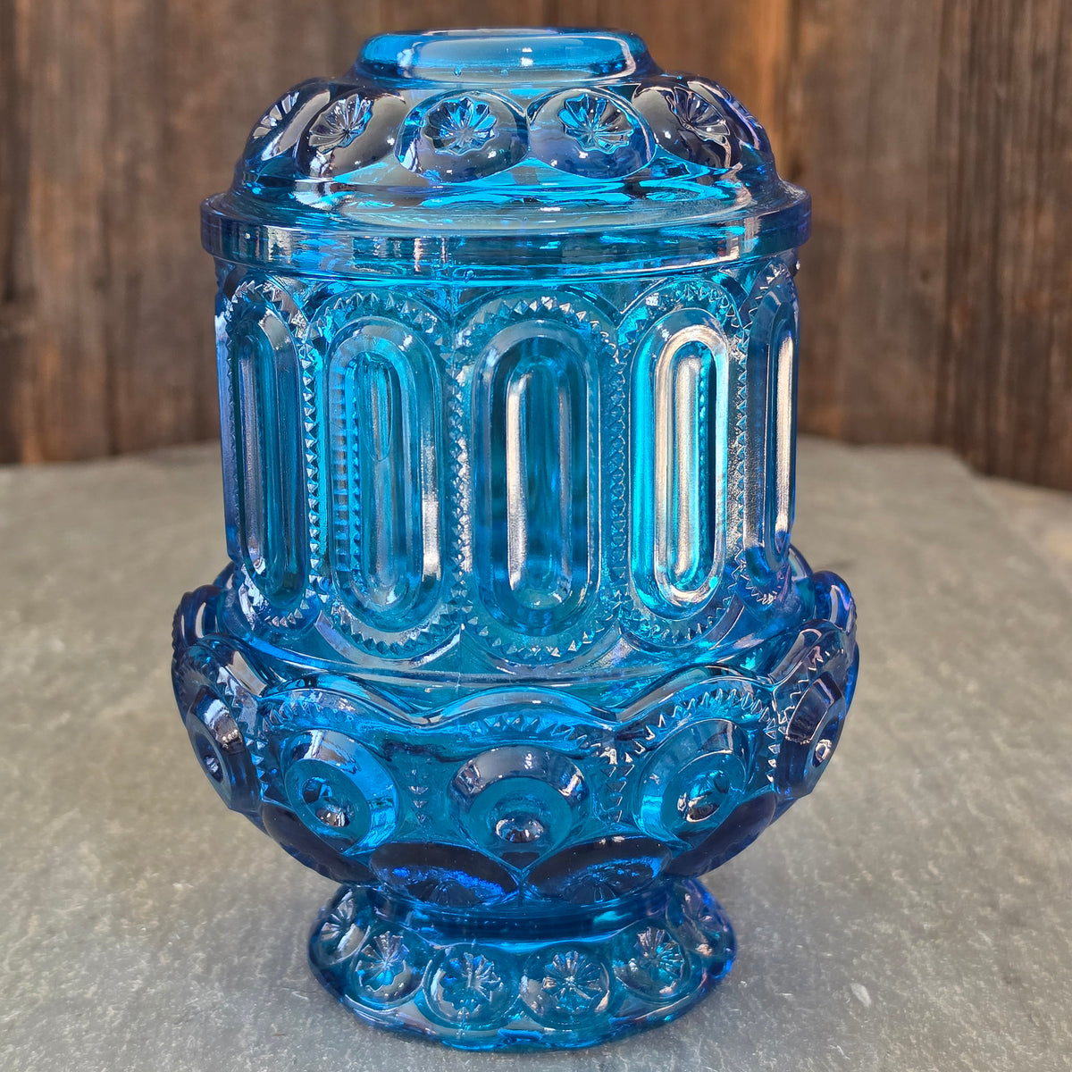 Vintage LE Smith Moon and Stars Blue Glass Fairy Lamp Candle Votive 2 Piece MCM