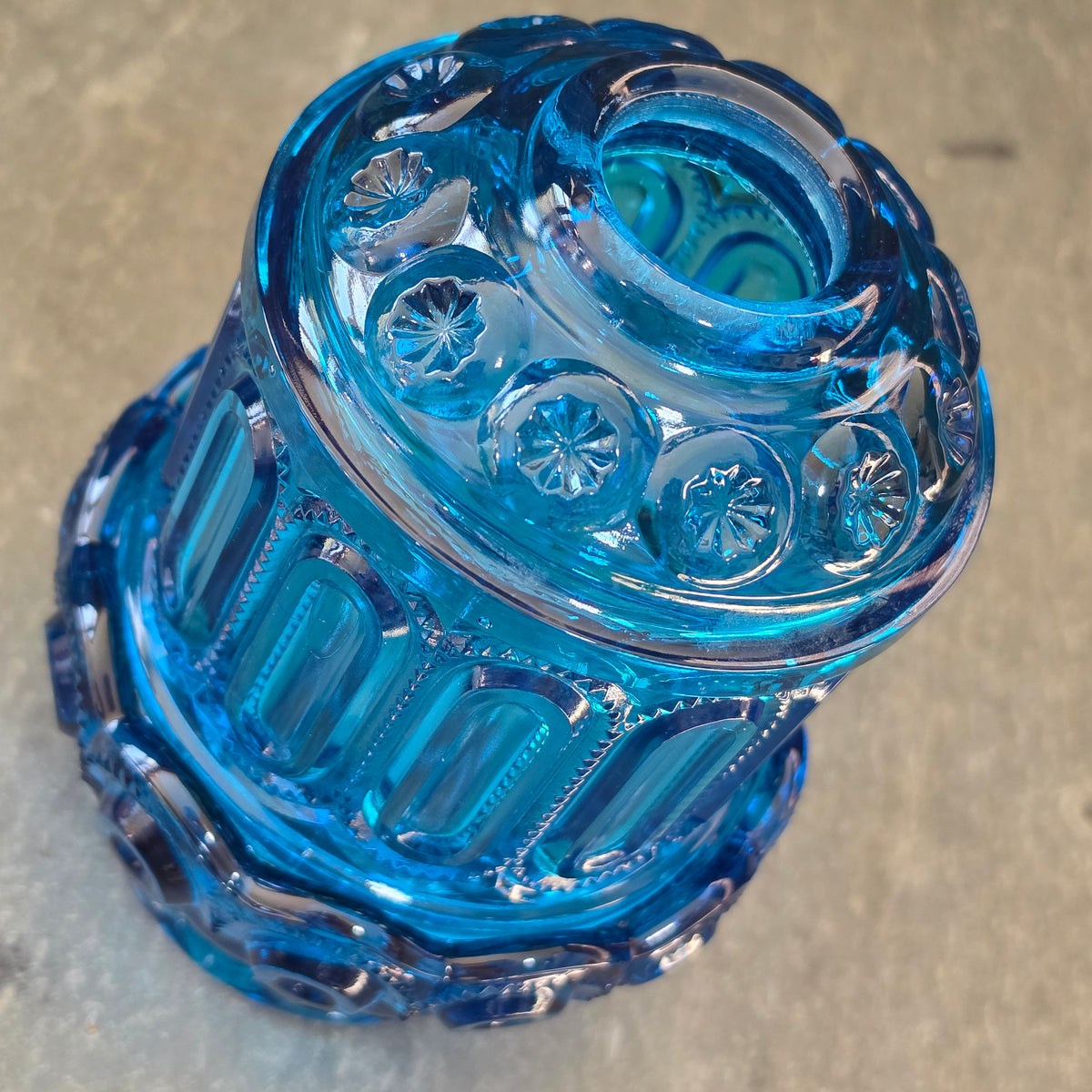 Vintage LE Smith Moon and Stars Blue Glass Fairy Lamp Candle Votive 2 Piece MCM