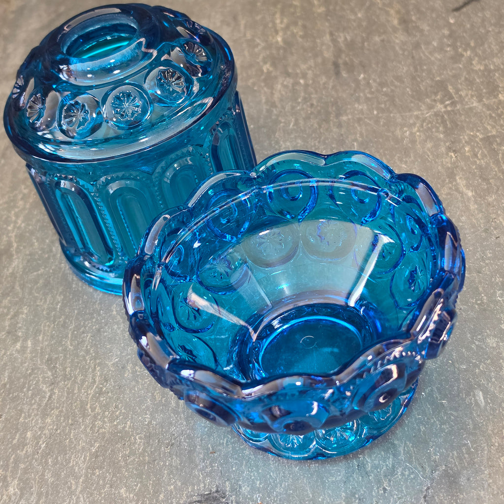 Vintage LE Smith Moon and Stars Blue Glass Fairy Lamp Candle Votive 2 Piece MCM