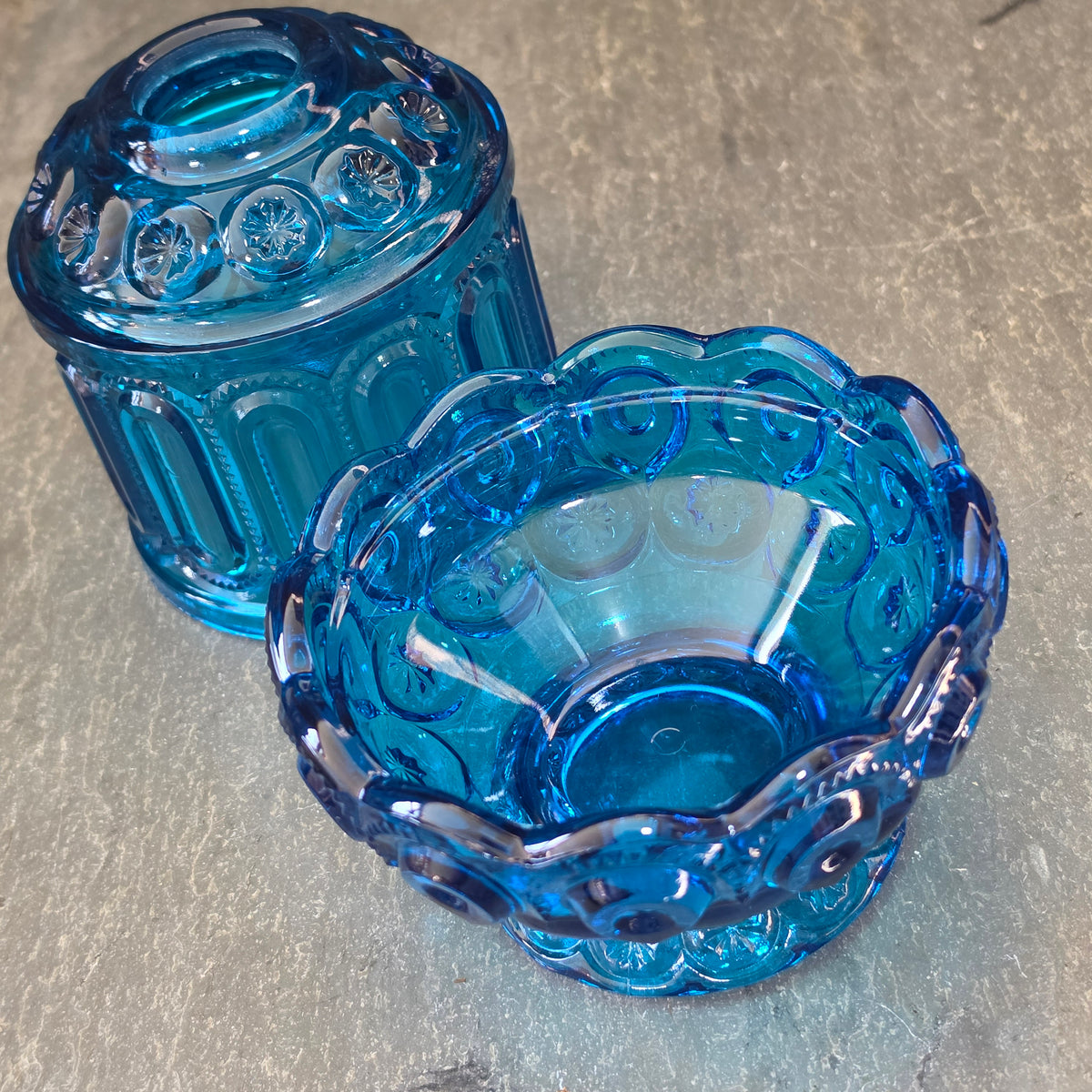 Vintage LE Smith Moon and Stars Blue Glass Fairy Lamp Candle Votive 2 Piece MCM