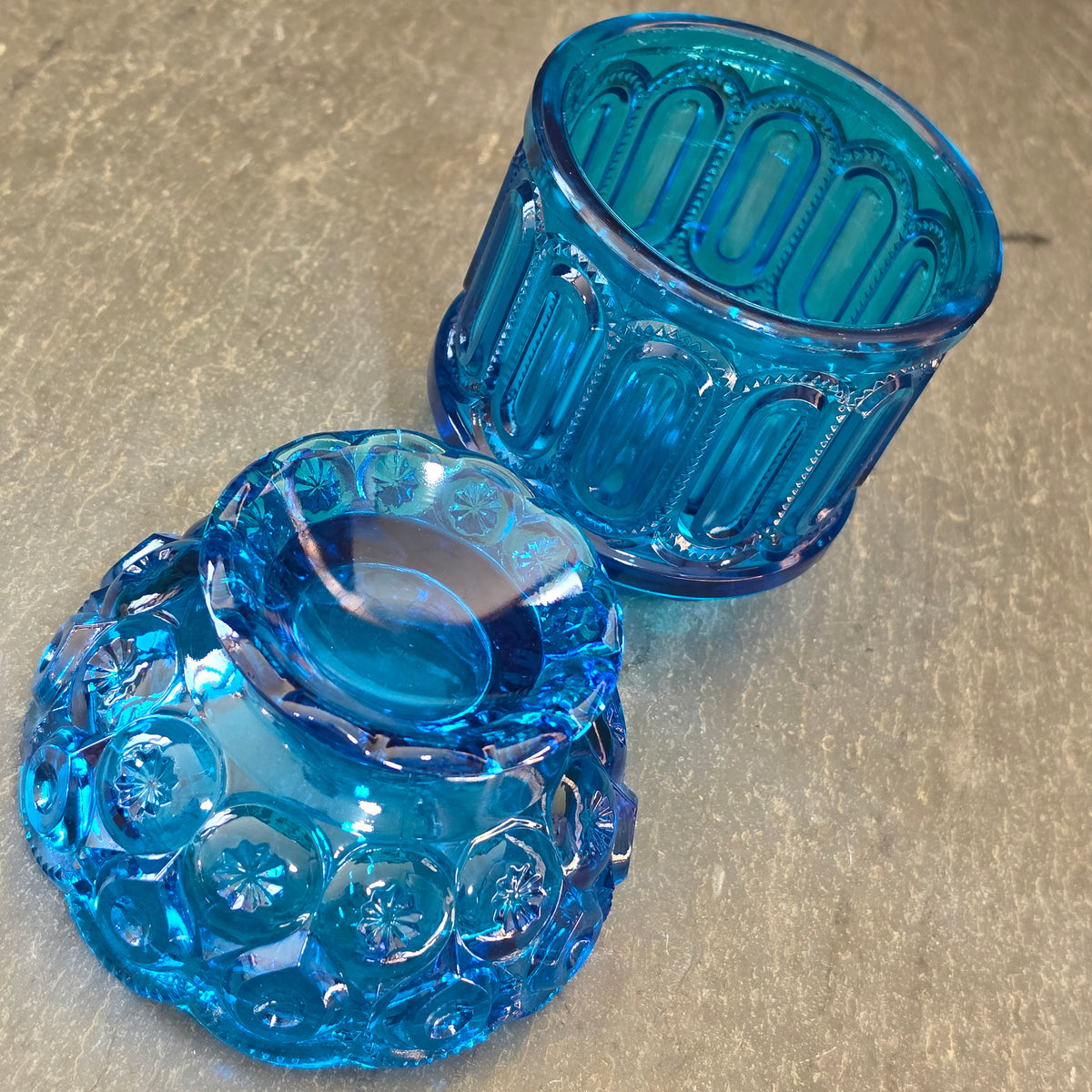 Vintage LE Smith Moon and Stars Blue Glass Fairy Lamp Candle Votive 2 Piece MCM