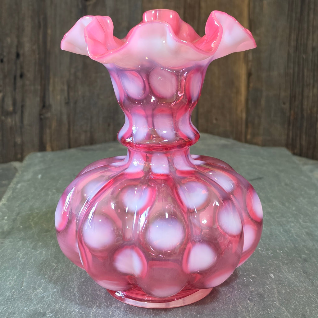 Vintage Fenton Cranberry Opalescent Coin Dot Melon Vase Double Crimped Ruffle