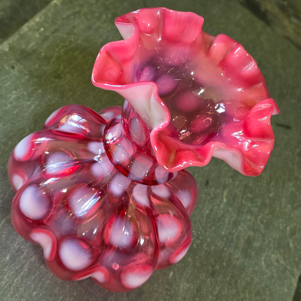 Vintage Fenton Cranberry Opalescent Coin Dot Melon Vase Double Crimped Ruffle