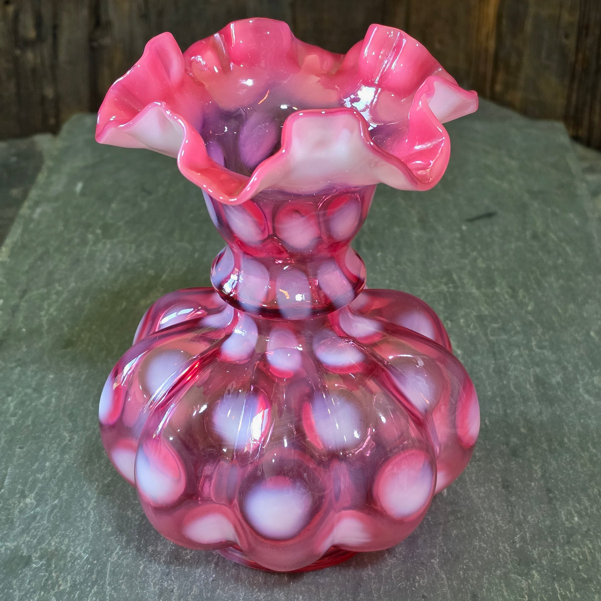 Vintage Fenton Cranberry Opalescent Coin Dot Melon Vase Double Crimped Ruffle
