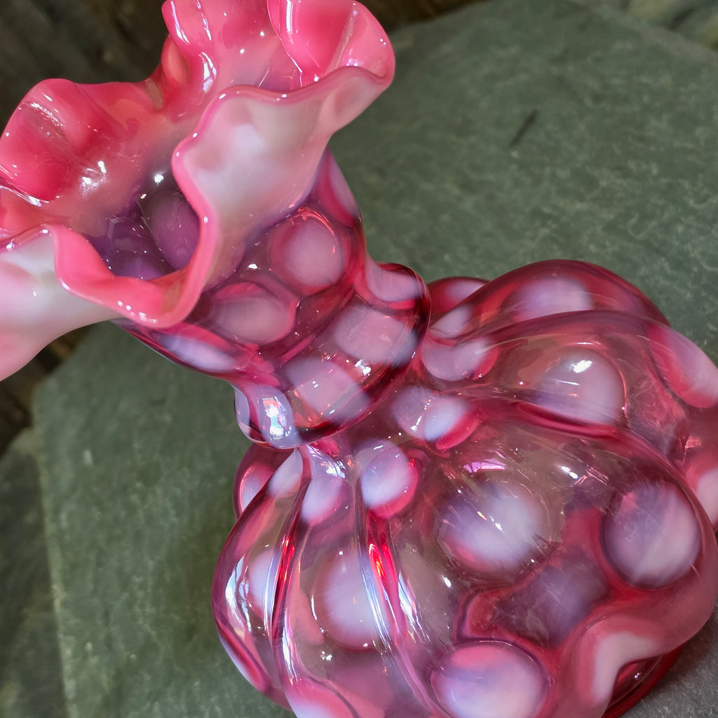 Vintage Fenton Cranberry Opalescent Coin Dot Melon Vase Double Crimped Ruffle