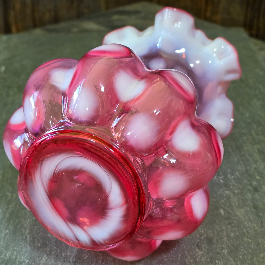 Vintage Fenton Cranberry Opalescent Coin Dot Melon Vase Double Crimped Ruffle