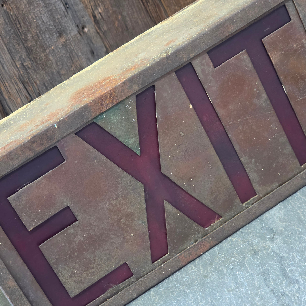 Vintage Industrial Brass EXIT Sign Red Wedge Light Box Art Deco Theater Fixture
