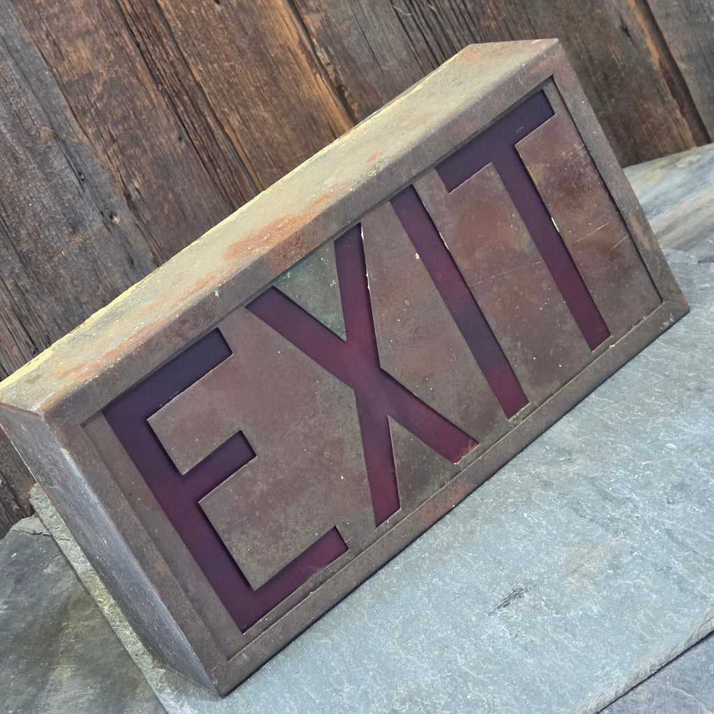 Vintage Industrial Brass EXIT Sign Red Wedge Light Box Art Deco Theater Fixture
