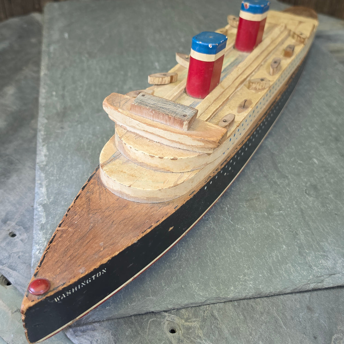 Vintage Folk Art Wood Ocean Liner SS Washington Toy Ship Model US Lines 1930s