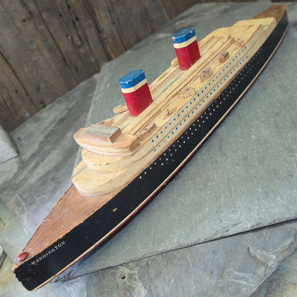 Vintage Folk Art Wood Ocean Liner SS Washington Toy Ship Model US Lines 1930s