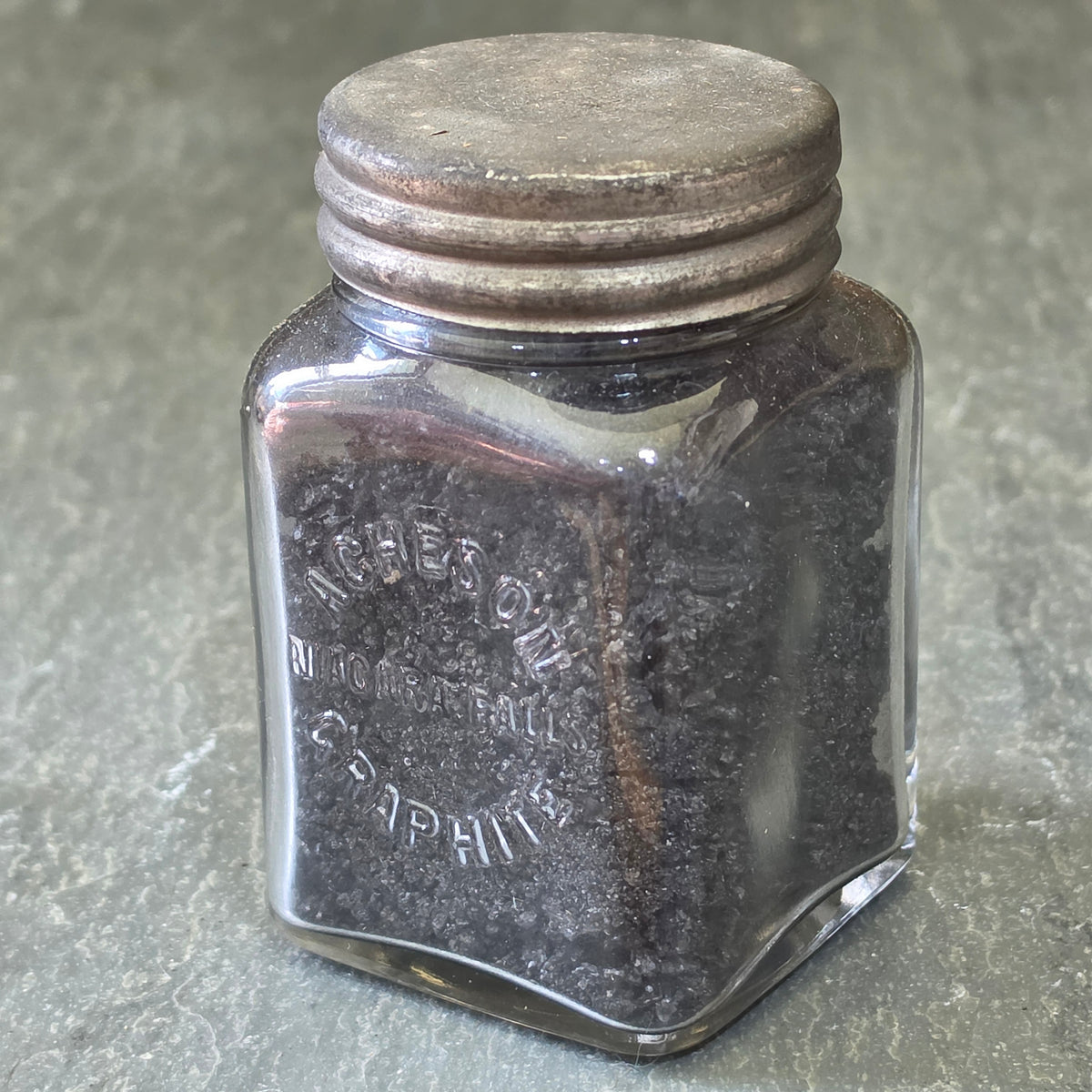 Rare Antique Acheson Niagara Falls Graphite Sample Bottle Embossed Glass Jar NY