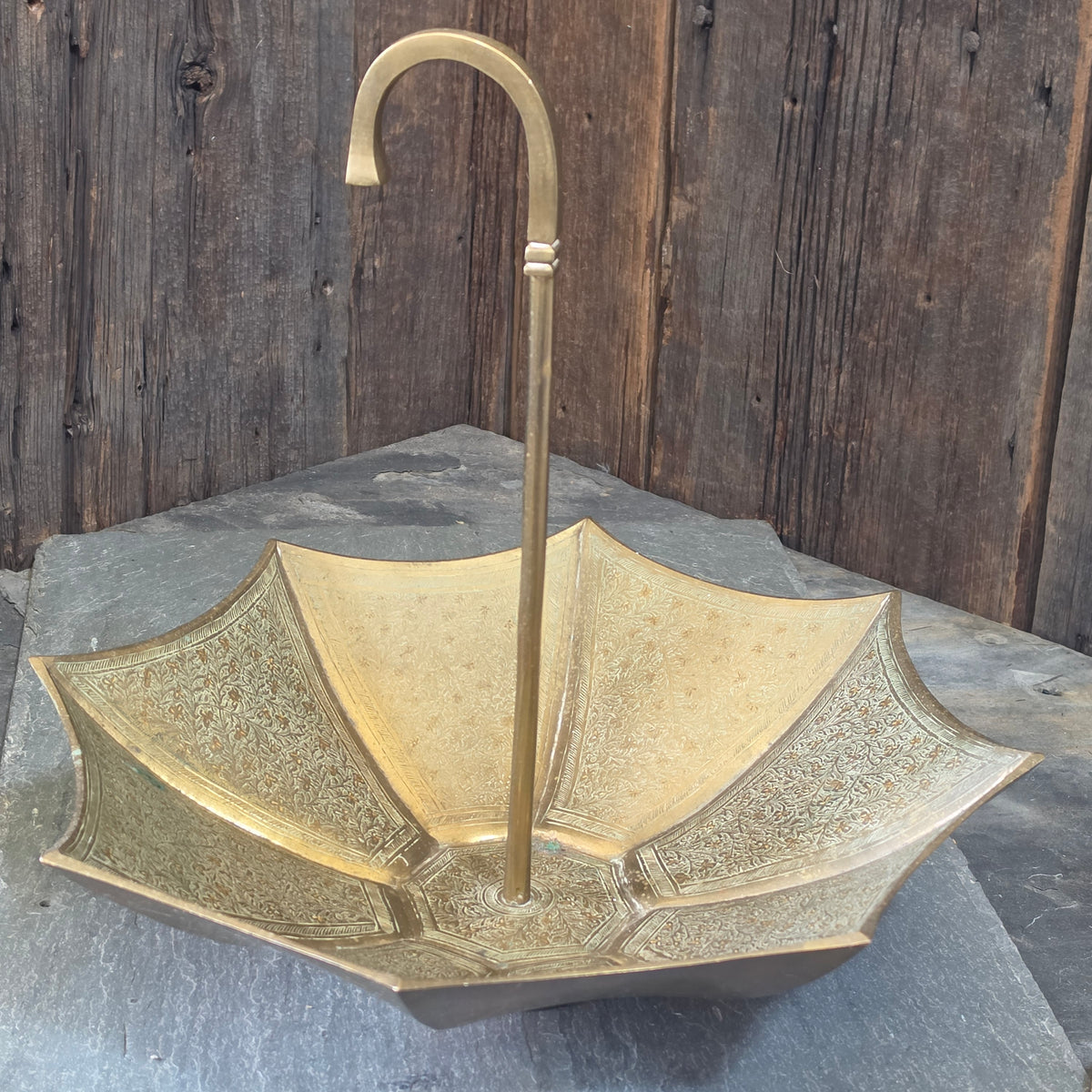 Vintage Brass Upside Down Umbrella Catchall Bowl Etched Floral Centerpiece Dish