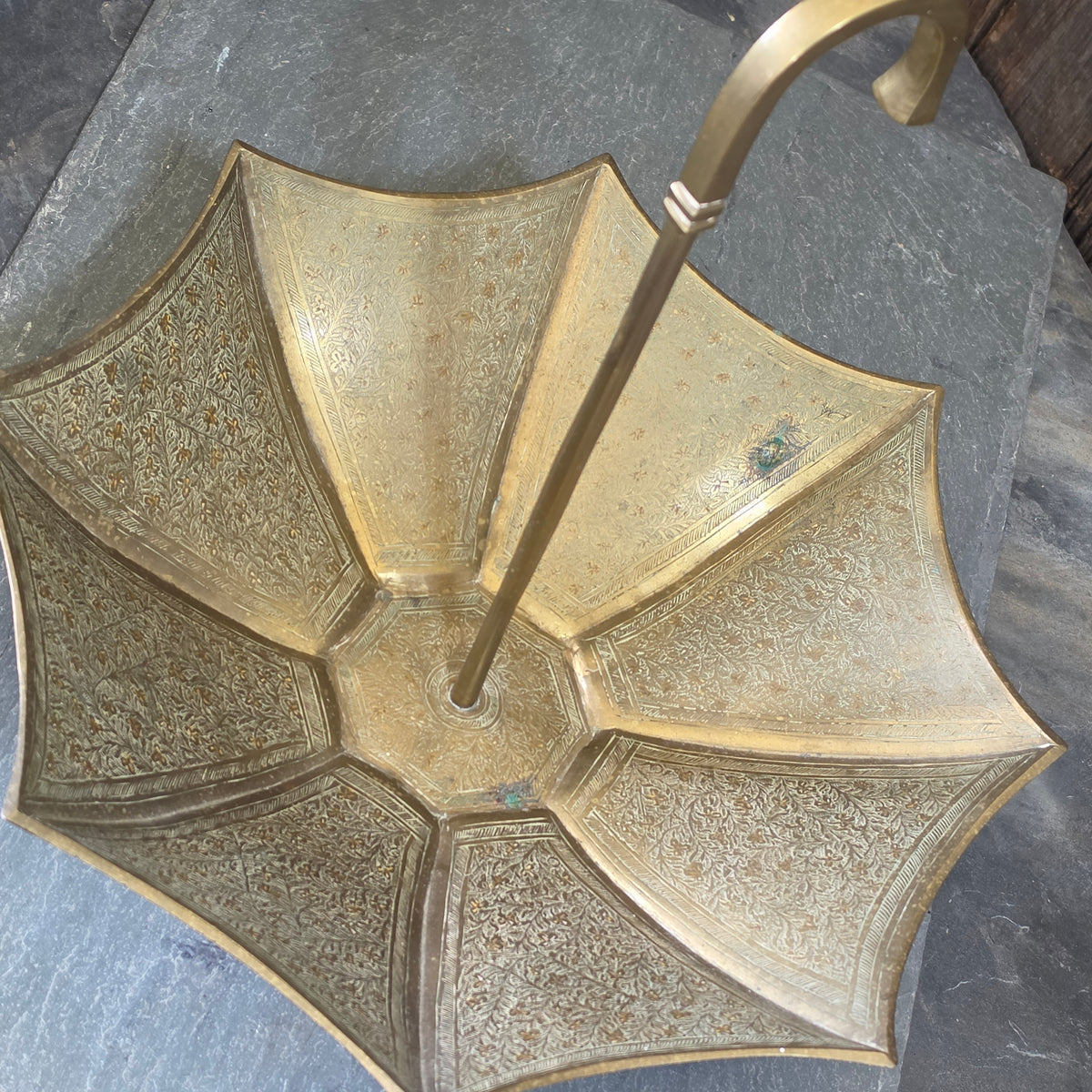 Vintage Brass Upside Down Umbrella Catchall Bowl Etched Floral Centerpiece Dish