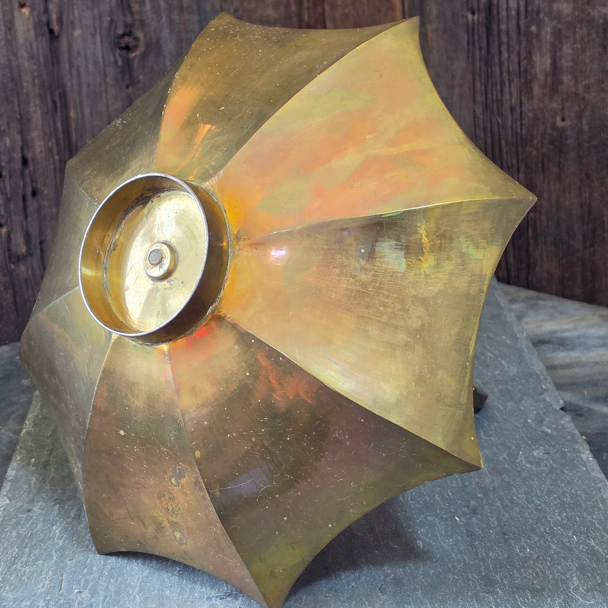 Vintage Brass Upside Down Umbrella Catchall Bowl Etched Floral Centerpiece Dish