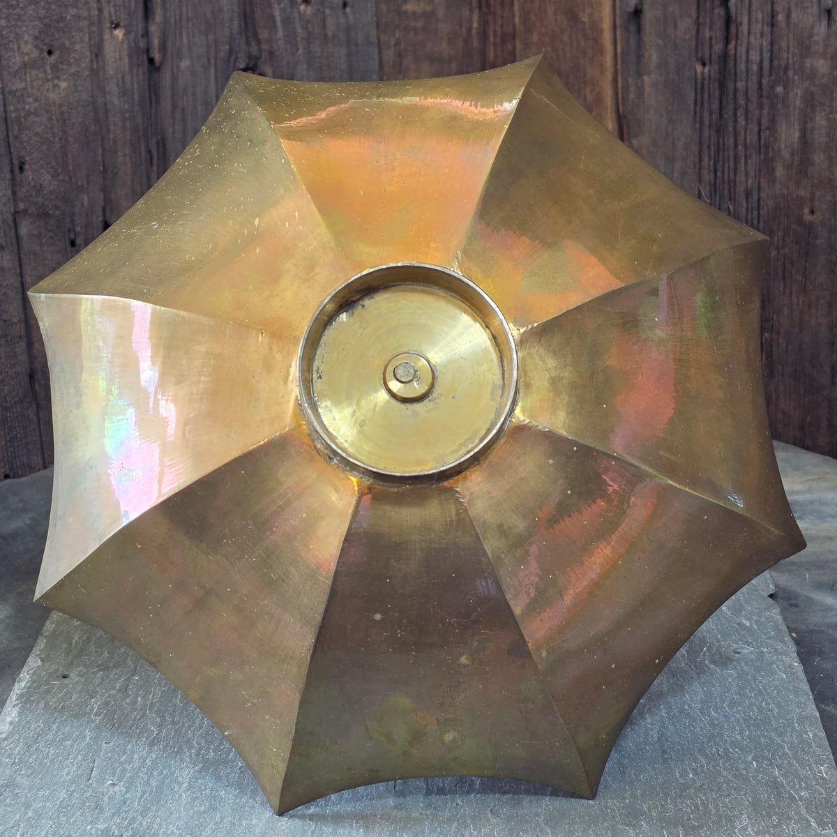 Vintage Brass Upside Down Umbrella Catchall Bowl Etched Floral Centerpiece Dish