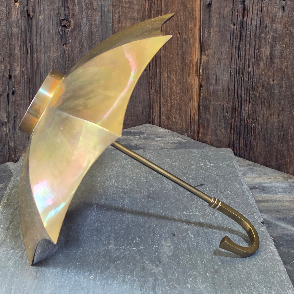 Vintage Brass Upside Down Umbrella Catchall Bowl Etched Floral Centerpiece Dish