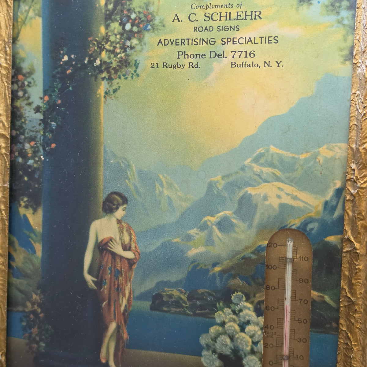 Antique R Atkinson Fox Lithograph Art Deco Thermometer AC Schlehr Buffalo NY MCM