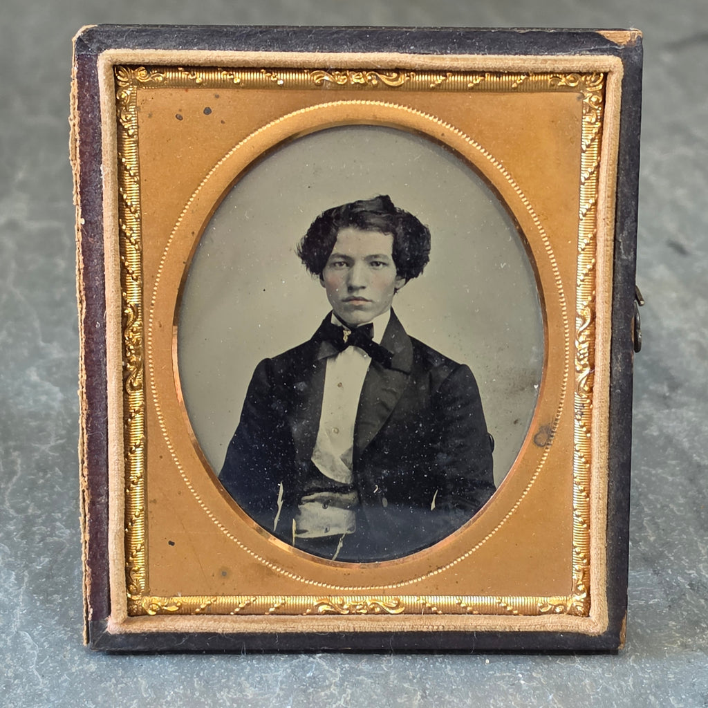 Antique 1/6 Plate Photo Mixed Race Young Black Man Tinted Gold Jewelry Ambrotype
