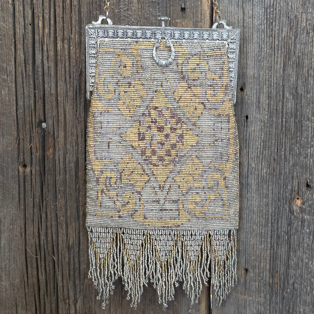 Antique French Cut Steel Micro Beaded Purse Art Deco Flapper Evening Bag Fringe