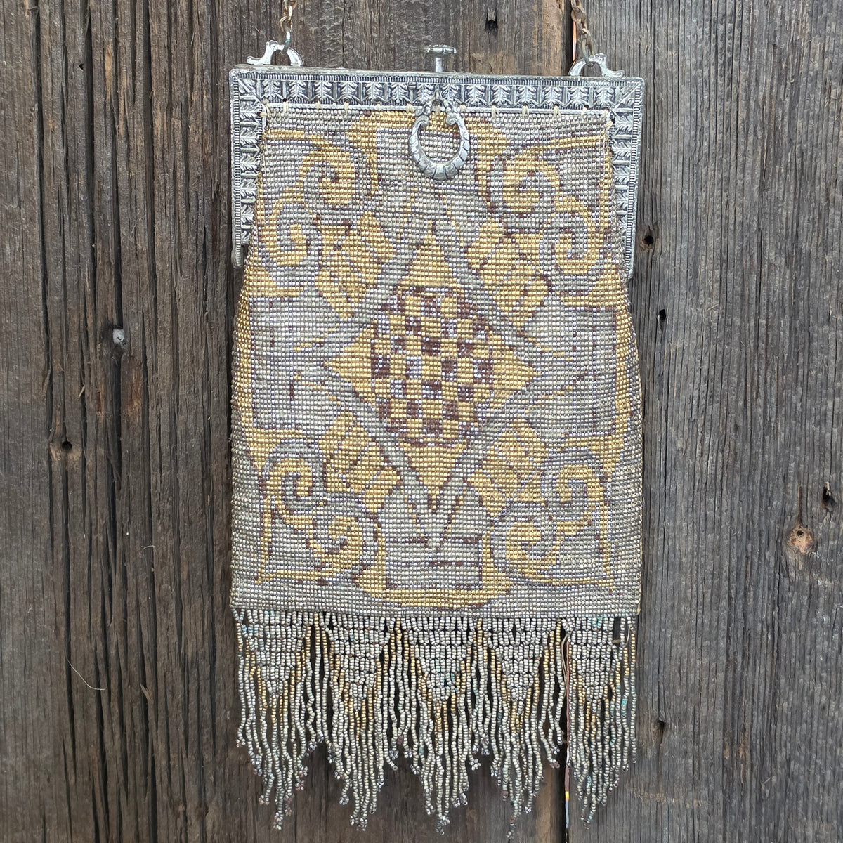 Antique French Cut Steel Micro Beaded Purse Art Deco Flapper Evening Bag Fringe