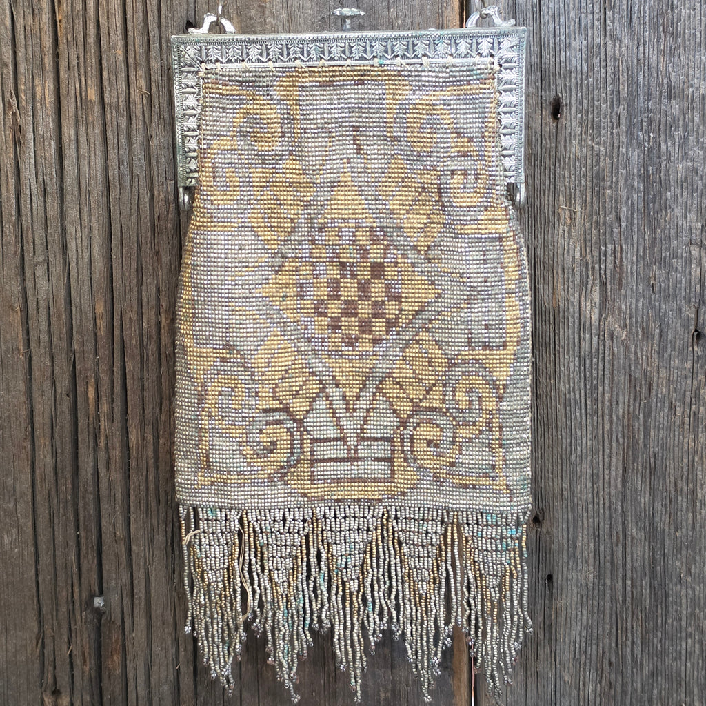 Antique French Cut Steel Micro Beaded Purse Art Deco Flapper Evening Bag Fringe