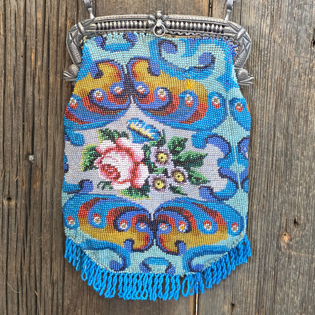 Antique Art Deco Micro Beaded Purse Blue Rose Floral Fringe Evening Bag Flapper