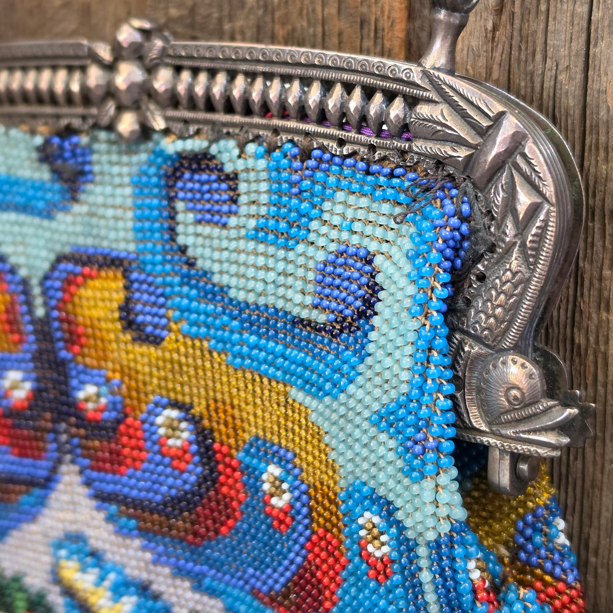 Antique Art Deco Micro Beaded Purse Blue Rose Floral Fringe Evening Bag Flapper